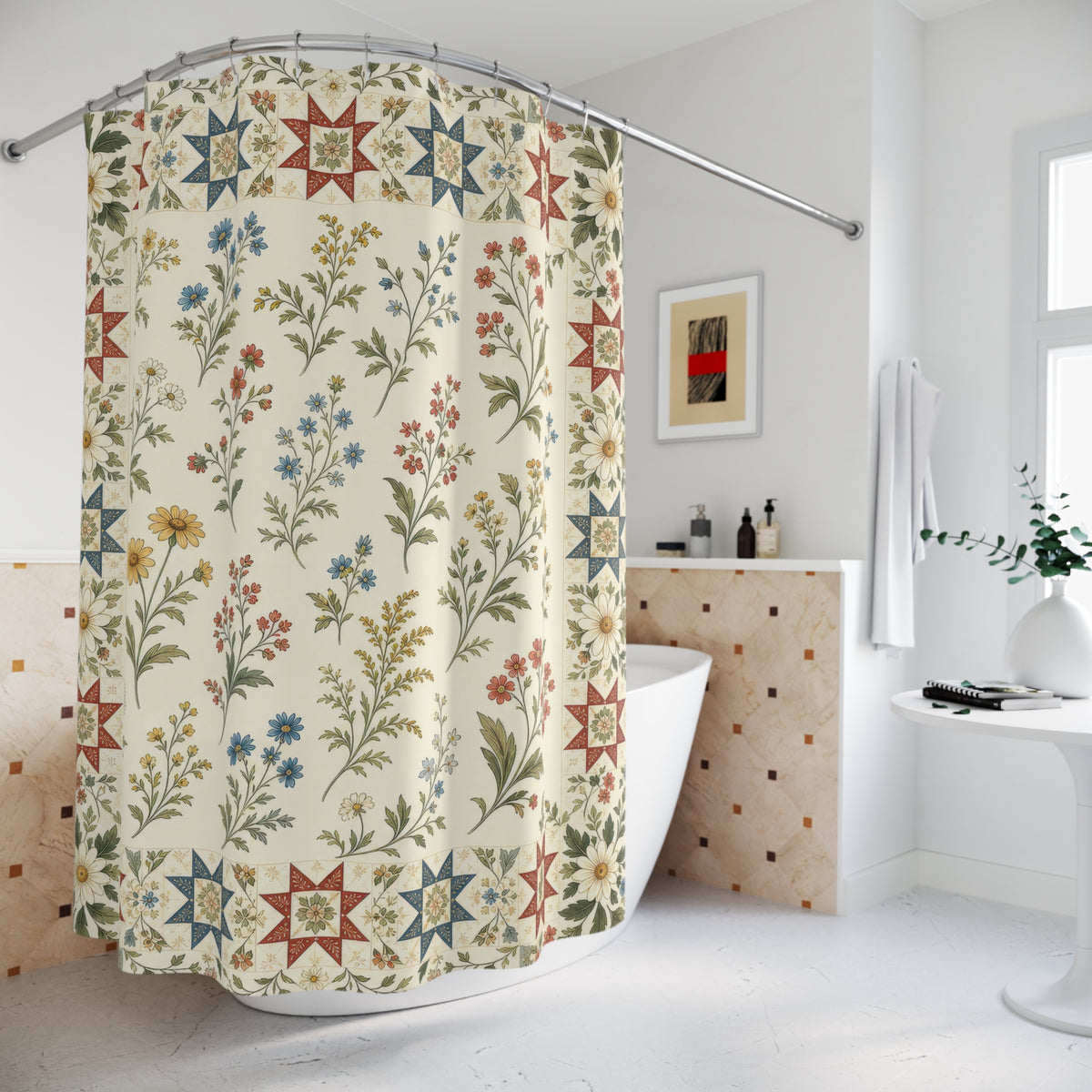 Patchwork Quilt Border vintage floral shower curtain beside a freestanding tub