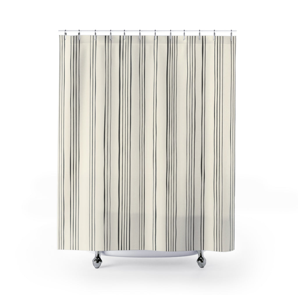 Fine charcoal vertical line bundles on warm ivory shower curtain with full front view