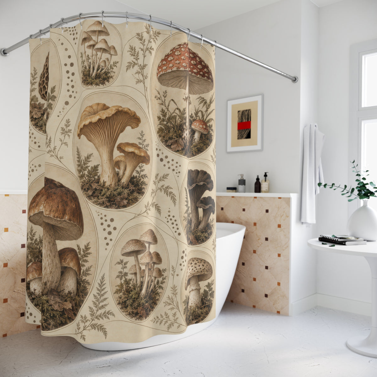 Vintage mushroom cameos in sepia and ivory shower curtain beside a freestanding tub