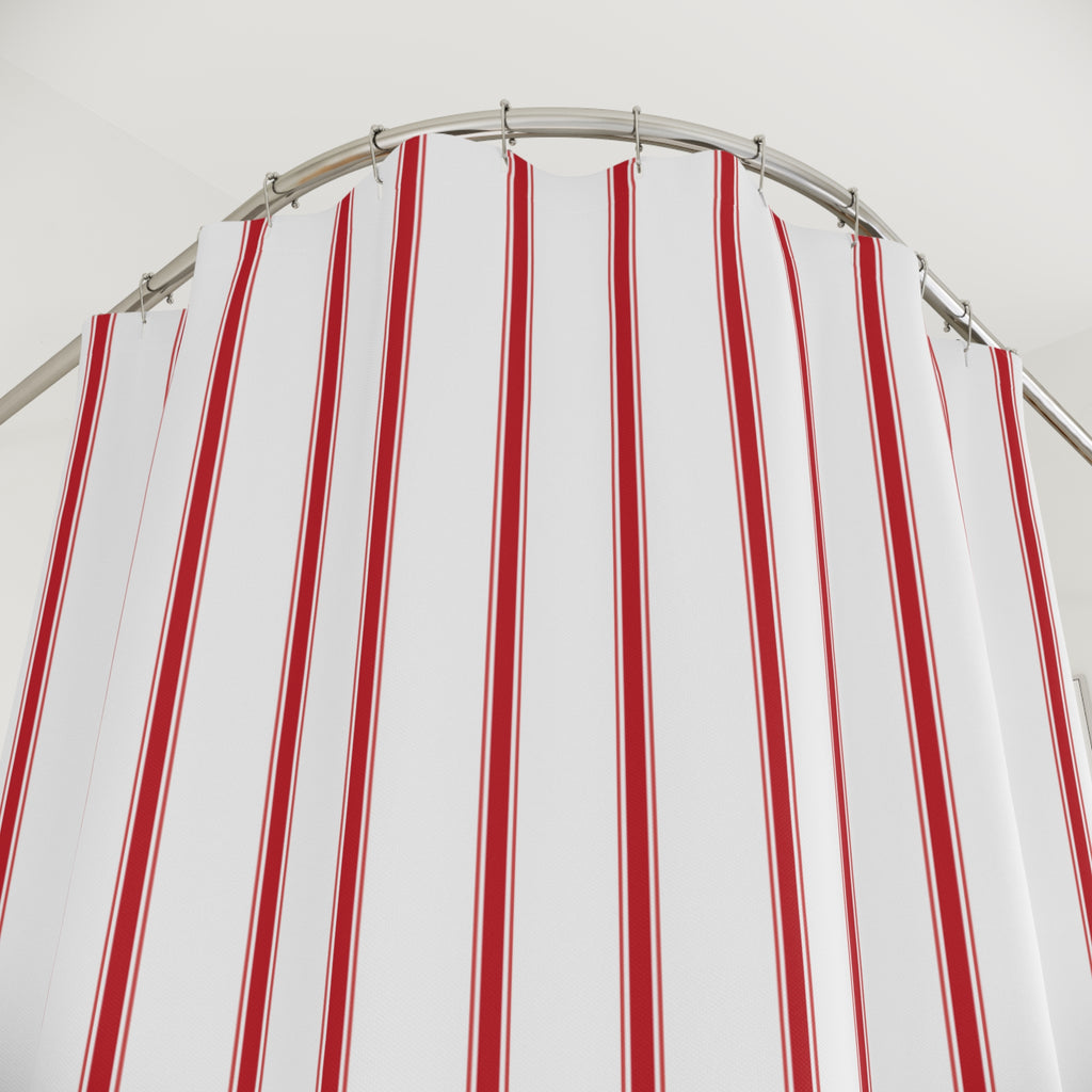 Red and White Ticking Stripe Shower Curtain