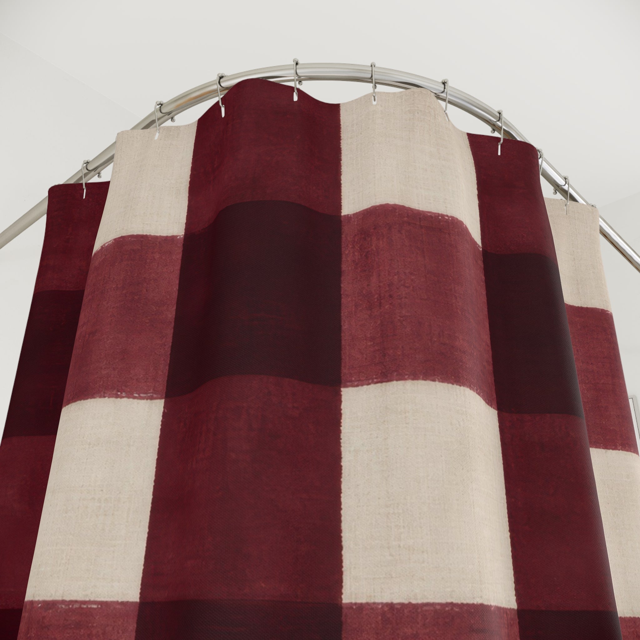 Buffalo Check Shower Curtain, Burgundy Red Cream Plaid Pattern, Farmhouse Bathroom Decor, Country Guest Bath Holiday Style