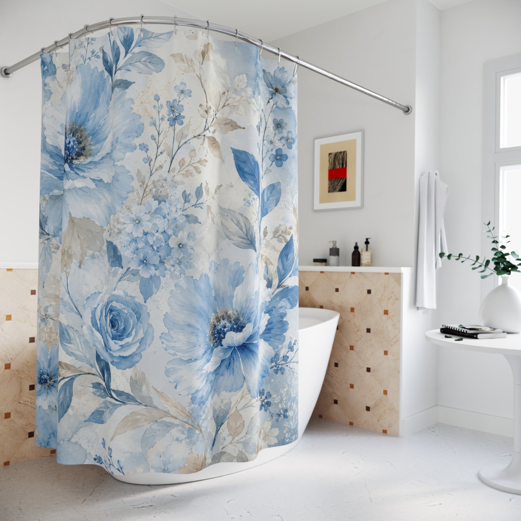 Sky Blue Floral Shower Curtain: Blue Flower Botanical