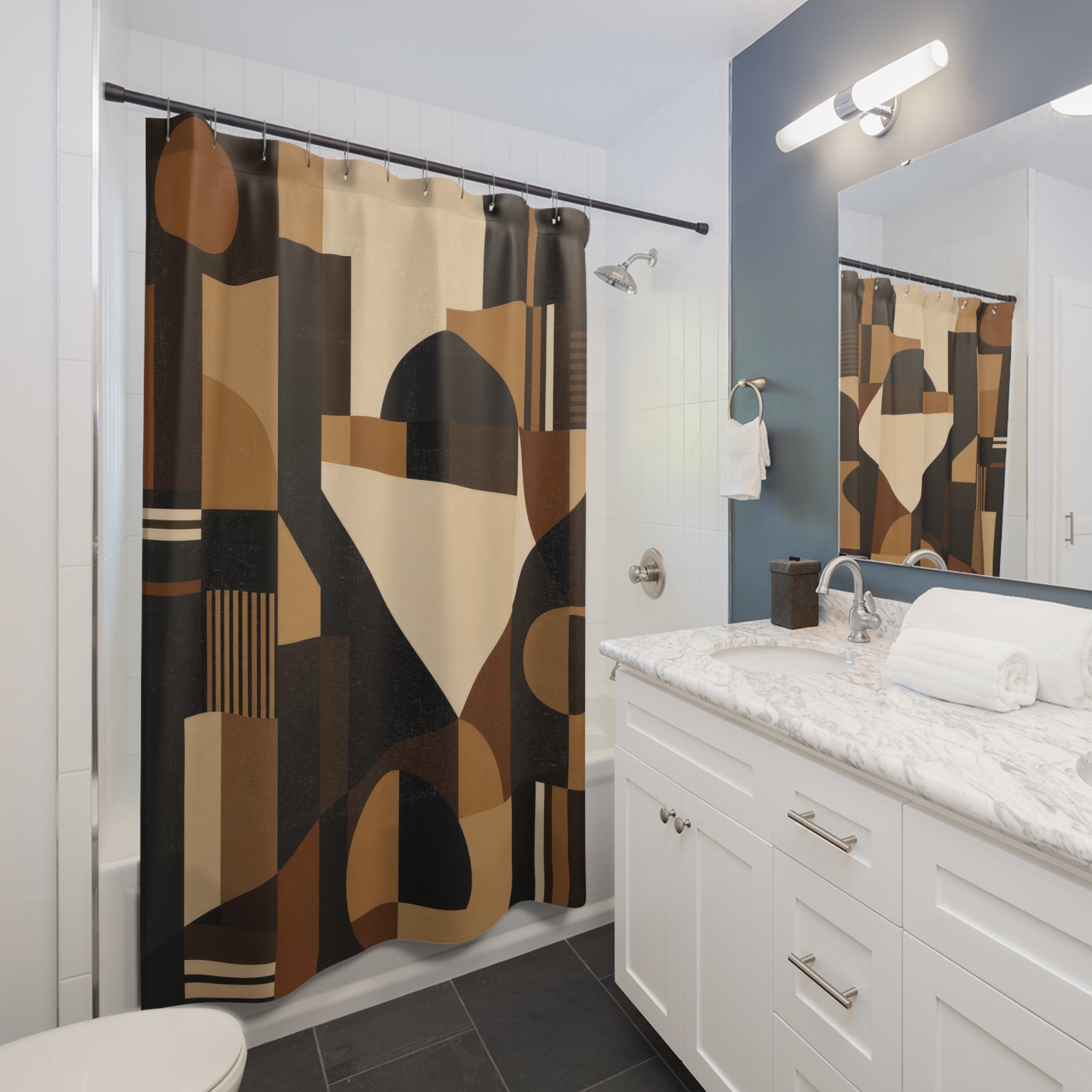 Mid Century Modern Shower Curtain, Black Brown Geometric Bath Decor, Bauhaus Style Shape Pattern, Warm Neutral Guest Bathroom Decor Style