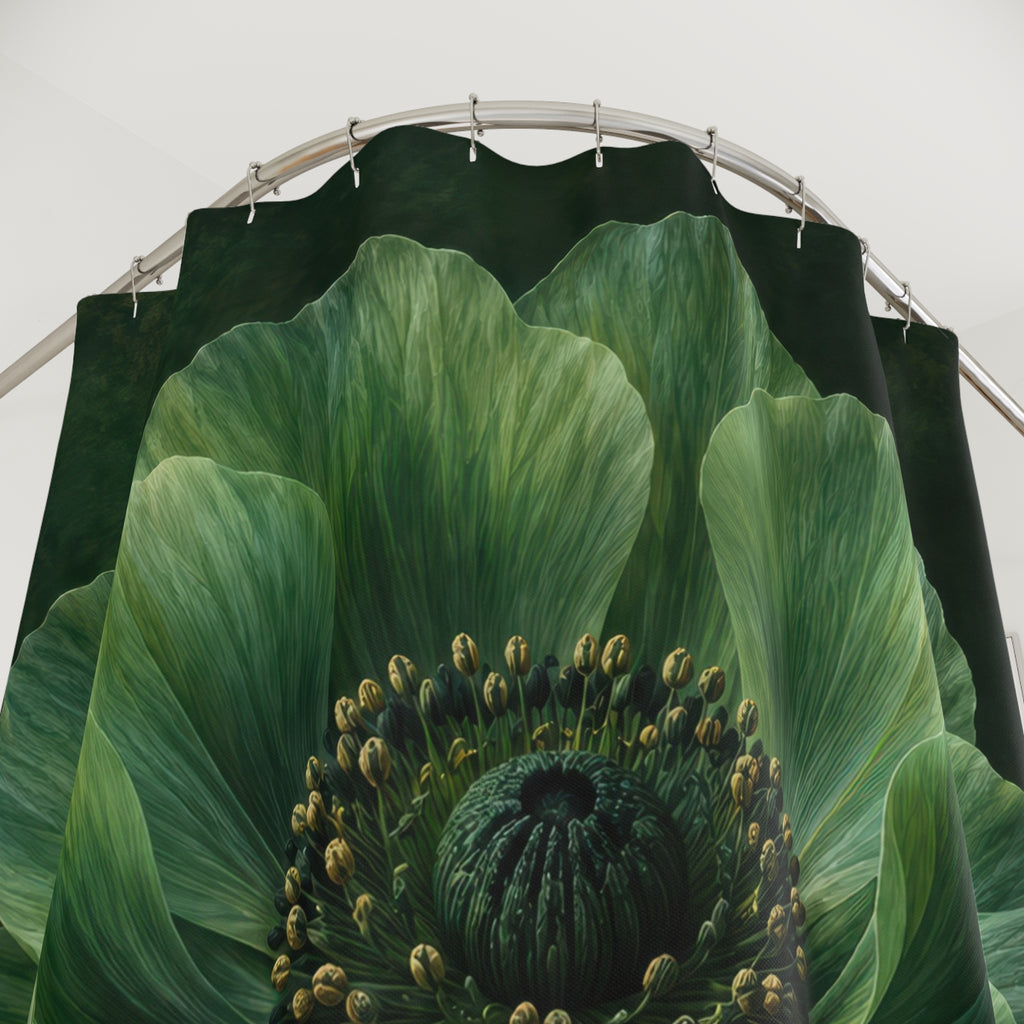 Large jade-green flower with golden stamens on dark green shower curtain with close-up print, hooks, and folds