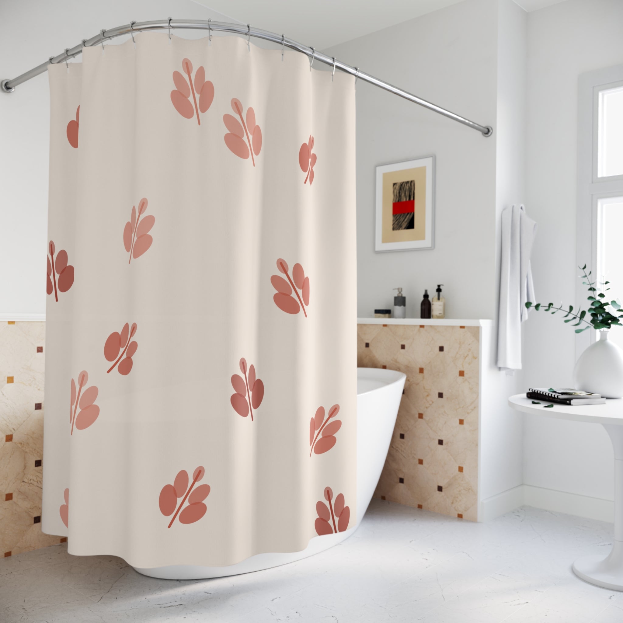 Beige and Coral Leaf Sprig Shower Curtain