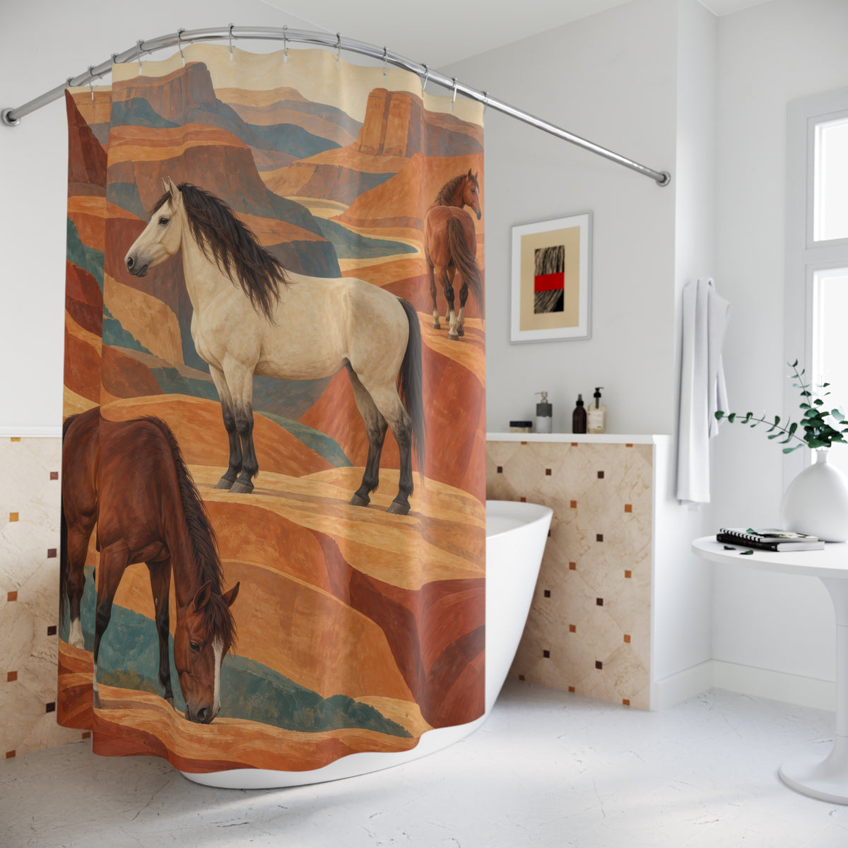 Cream and chestnut horses among terracotta canyon ledges shower curtain beside a freestanding tub