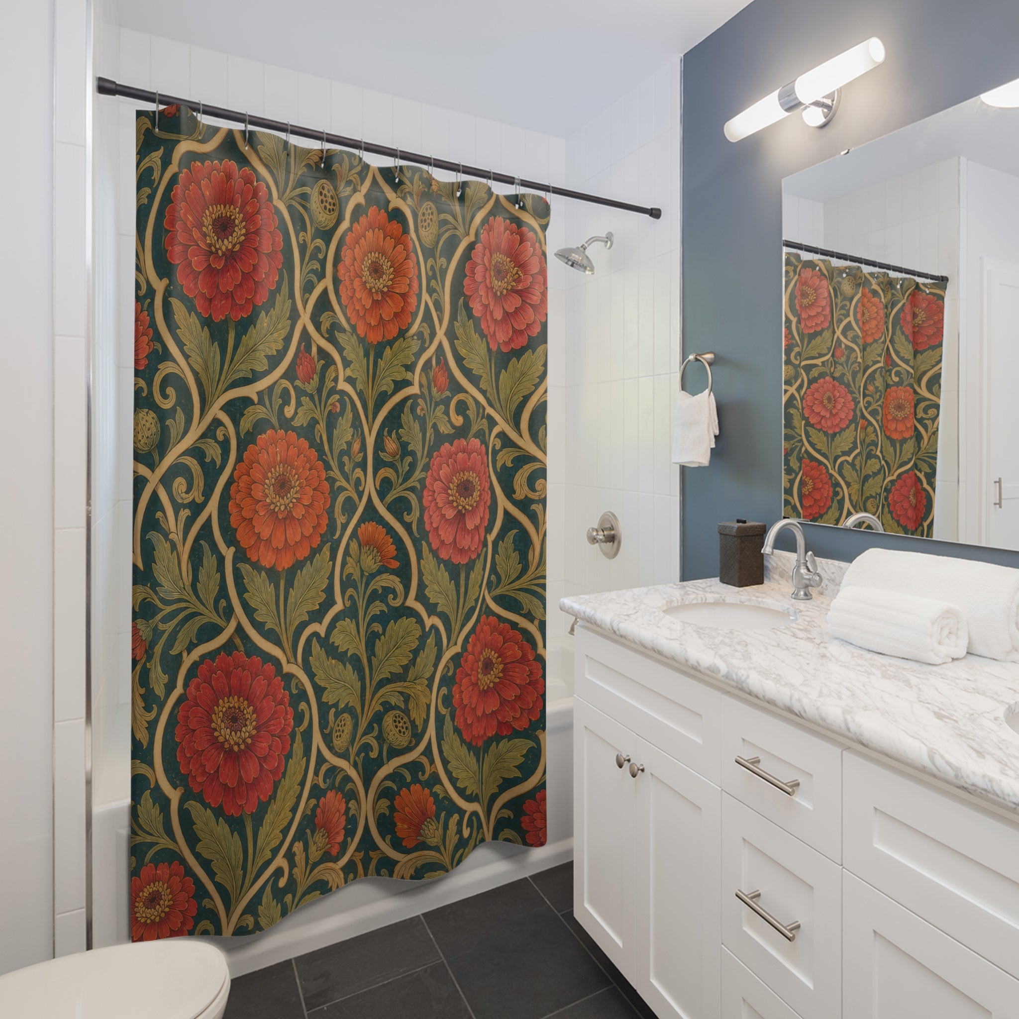Arts and Crafts zinnia ogee pattern shower curtain beside a white vanity
