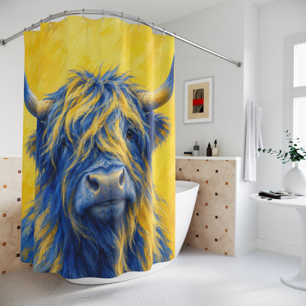 Blue Highland cow with yellow highlights on a yellow ground shower curtain beside a freestanding tub