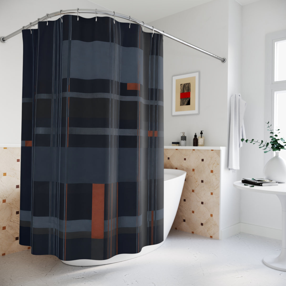 Navy pinstripes crossing slate plaid with rust accents shower curtain beside a freestanding tub