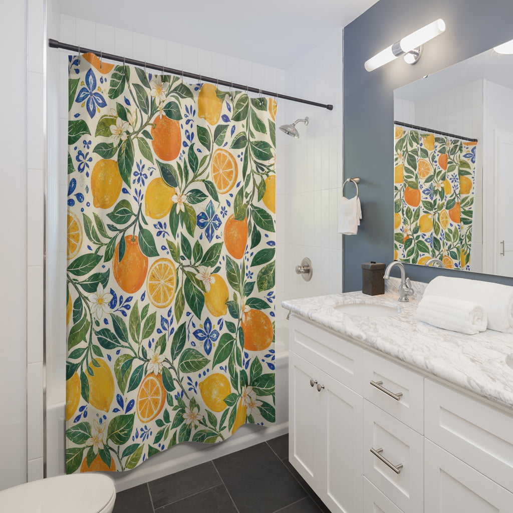 Unique Orange Shower Curtain, Citrus Botanical Pattern, Lemon Orange Branch Decor, Fresh Green White Guest Bath, Summer Fruit Decor