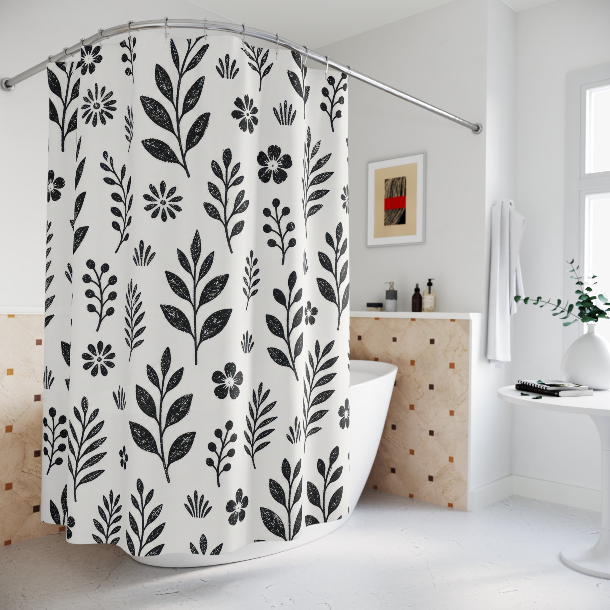Black White Floral Flower Botanical Cottage Sprig Shower Curtain