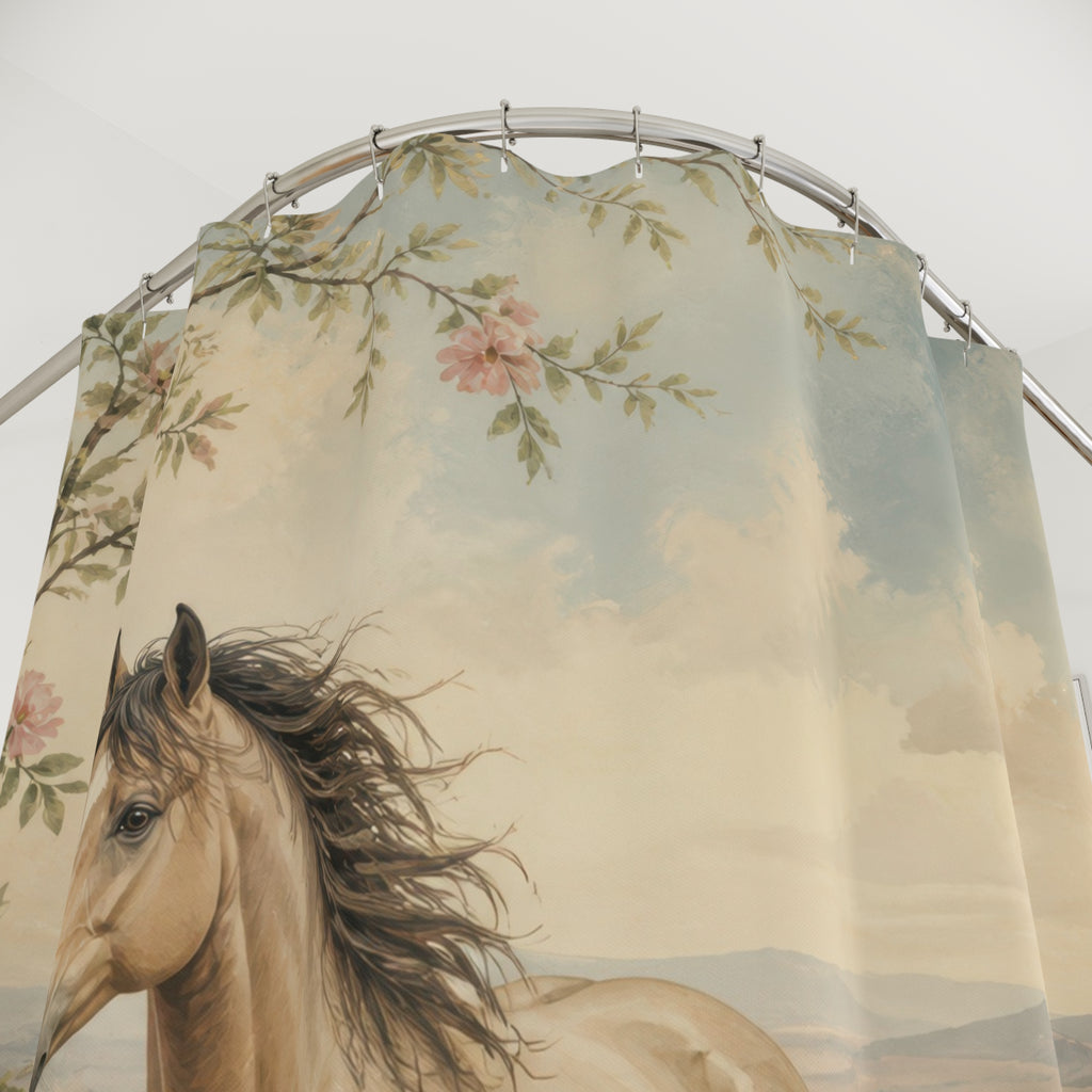 Wild mare and pinto colt crossing a rose-framed meadow shower curtain with close-up print, hooks, and folds
