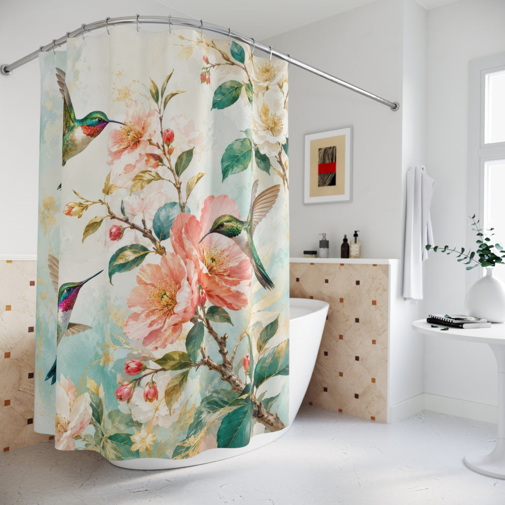 Hummingbird Shower Curtain: Aqua Floral Bird