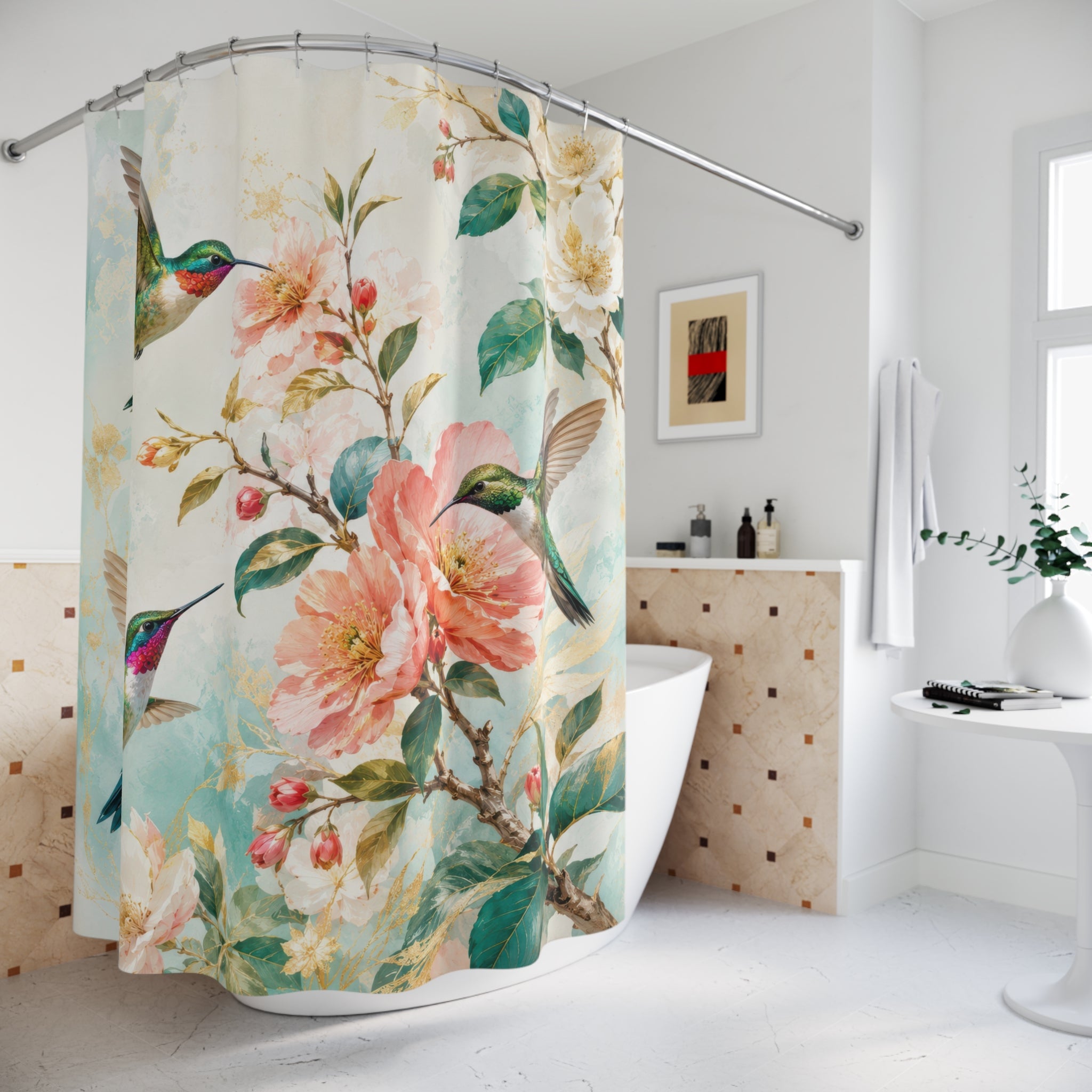 Hummingbird Shower Curtain: Aqua Floral Bird