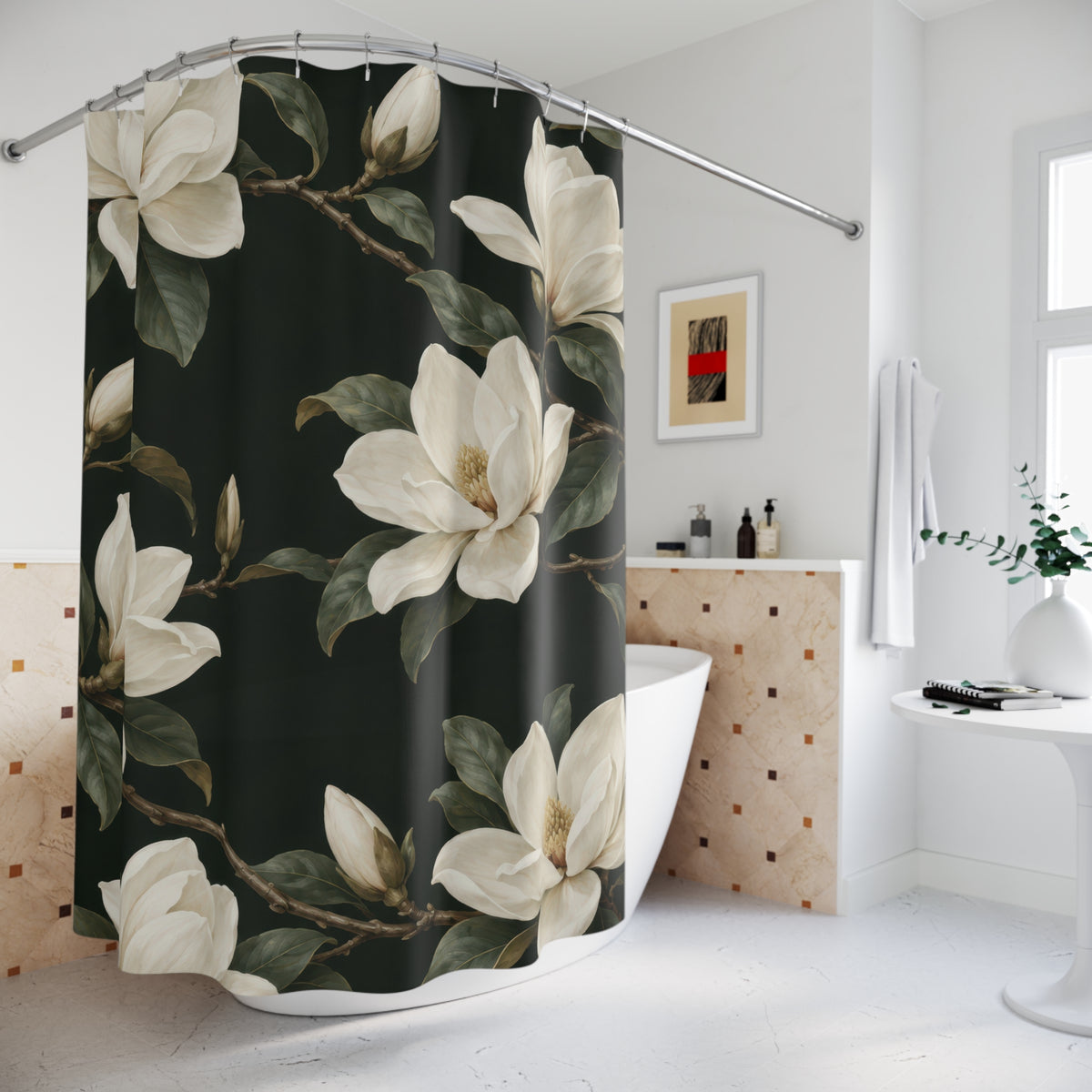 Creamy-white magnolias and olive leaves on dark green shower curtain beside a freestanding tub