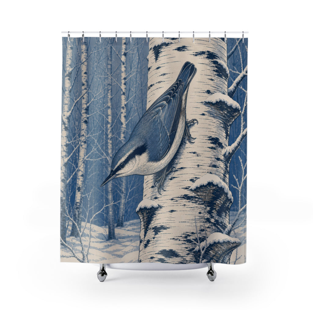 Blue nuthatch on snowy birch shower curtain with full front view