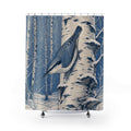 Blue nuthatch on snowy birch shower curtain with full front view