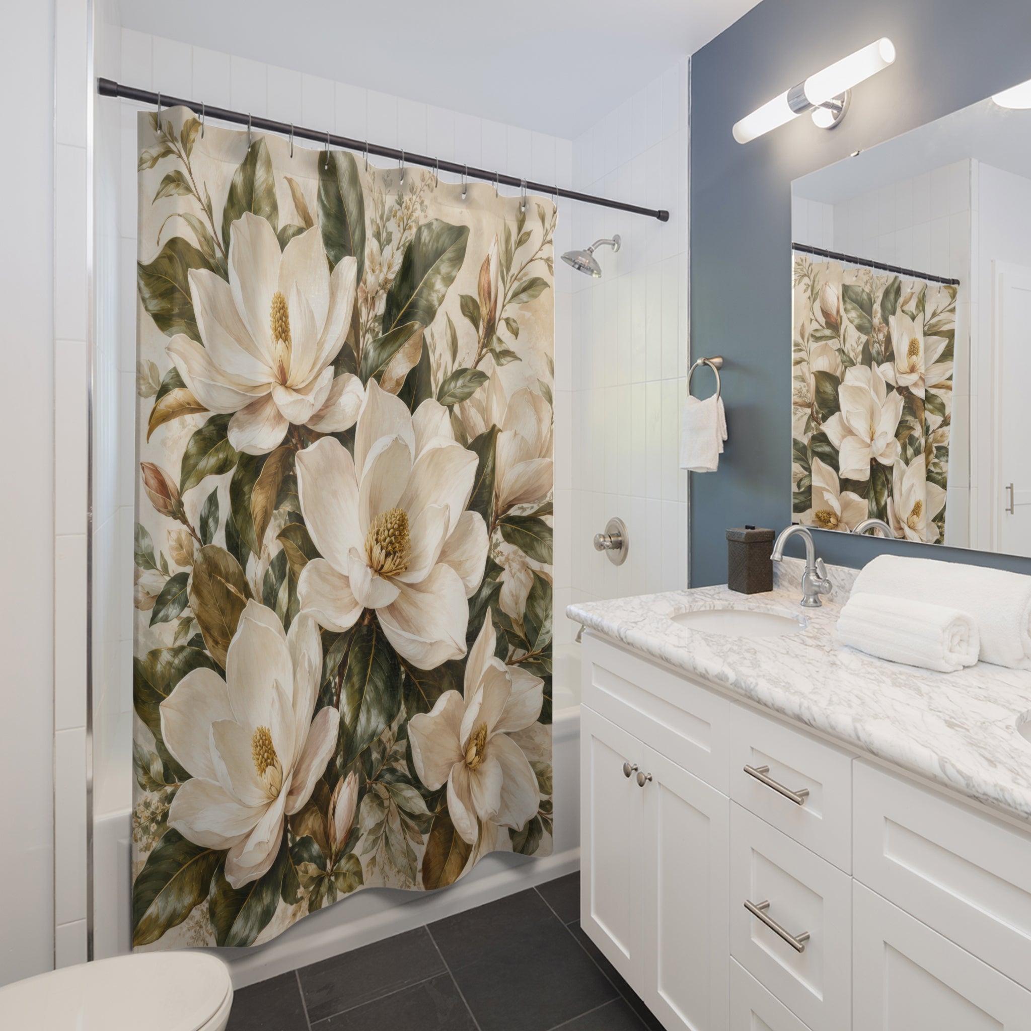 Magnolia Shower Curtain: White Botanical Flower