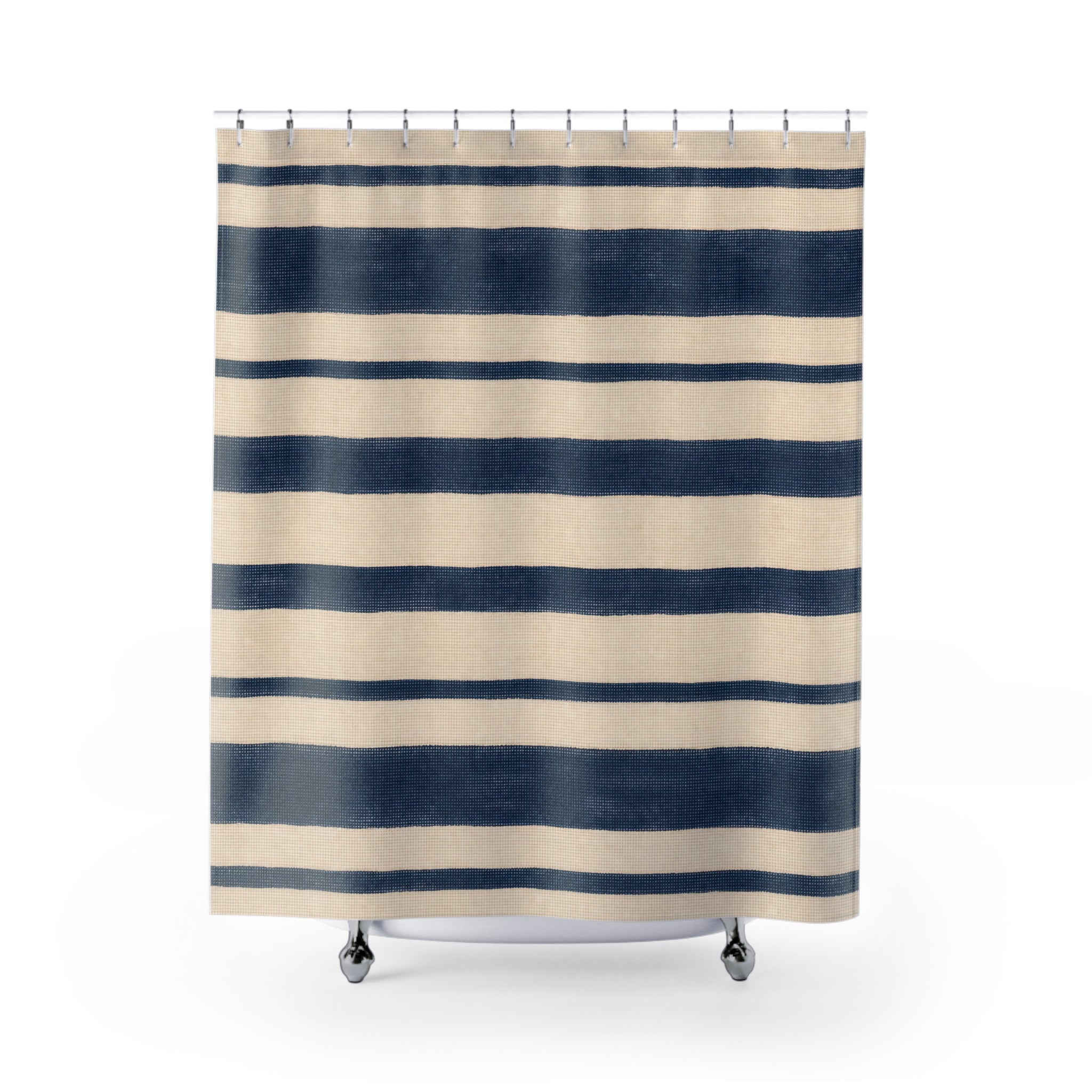 Navy Striped Shower Curtain, Blue White Bath Decor, French Coastal Horizontal Stripe Pattern, Classic Guest Bathroom Decor, Navy Style