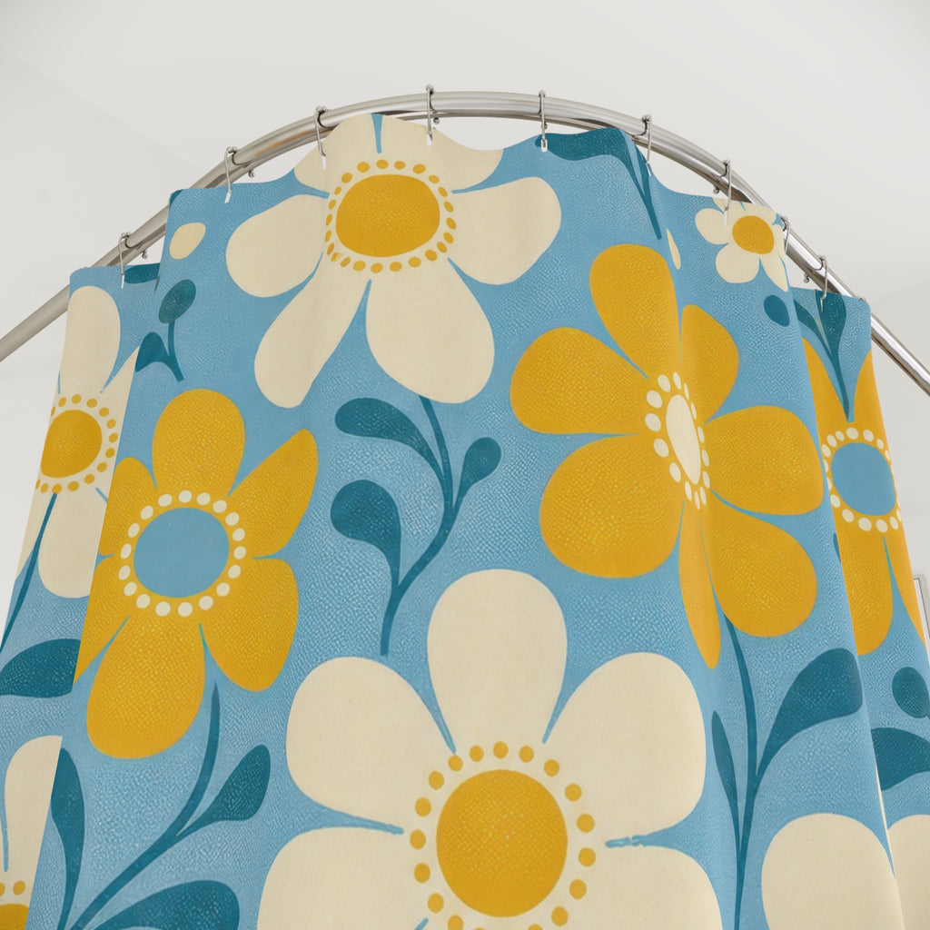 Daisy Shower Curtain, Yellow White Floral Pattern, Blue Retro Bathroom Decor, Cheerful Blue Wall Decor Guest Bath Wall Gift For Home