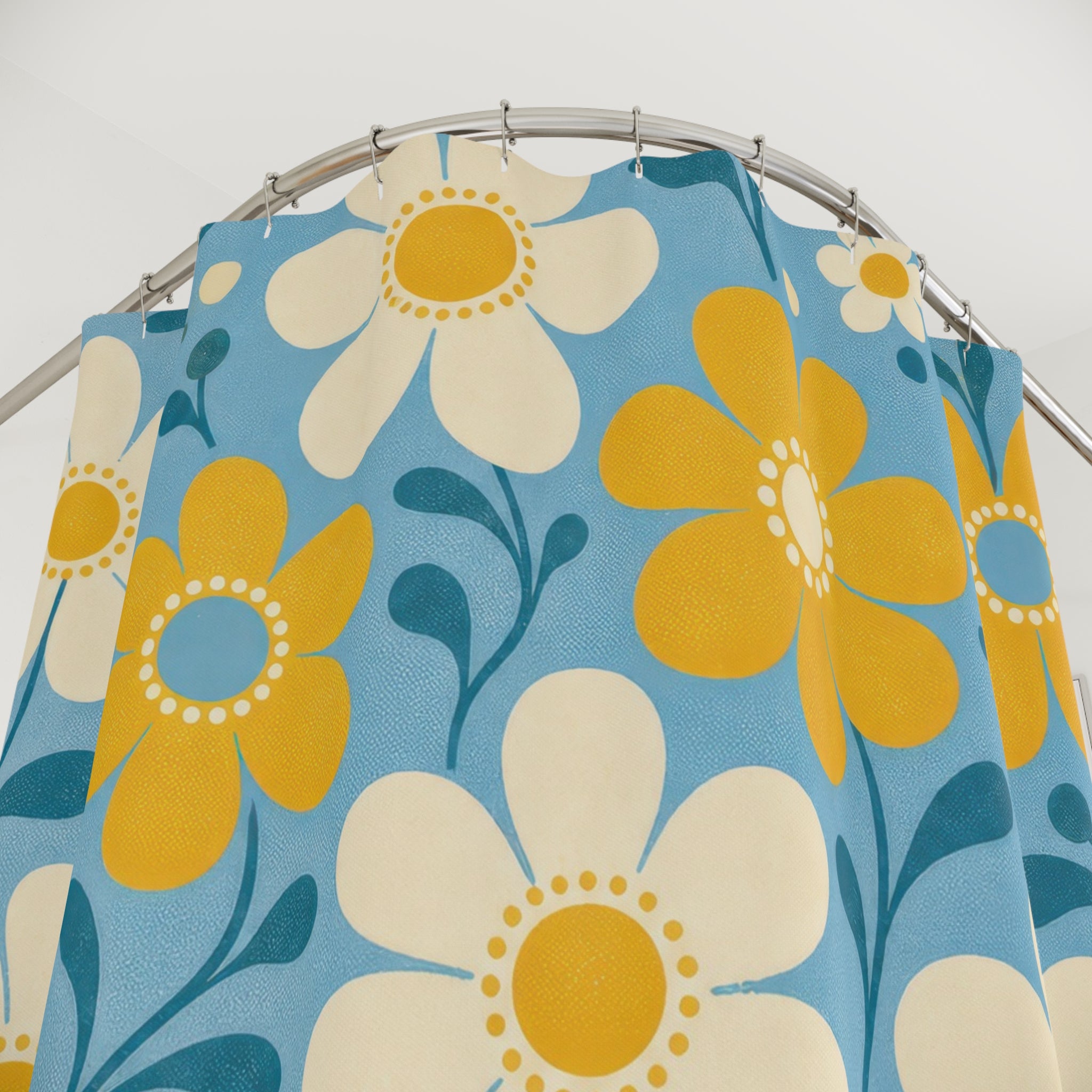 Daisy Shower Curtain, Yellow White Floral Pattern, Blue Retro Bathroom Decor, Cheerful Blue Wall Decor Guest Bath Wall Gift For Home