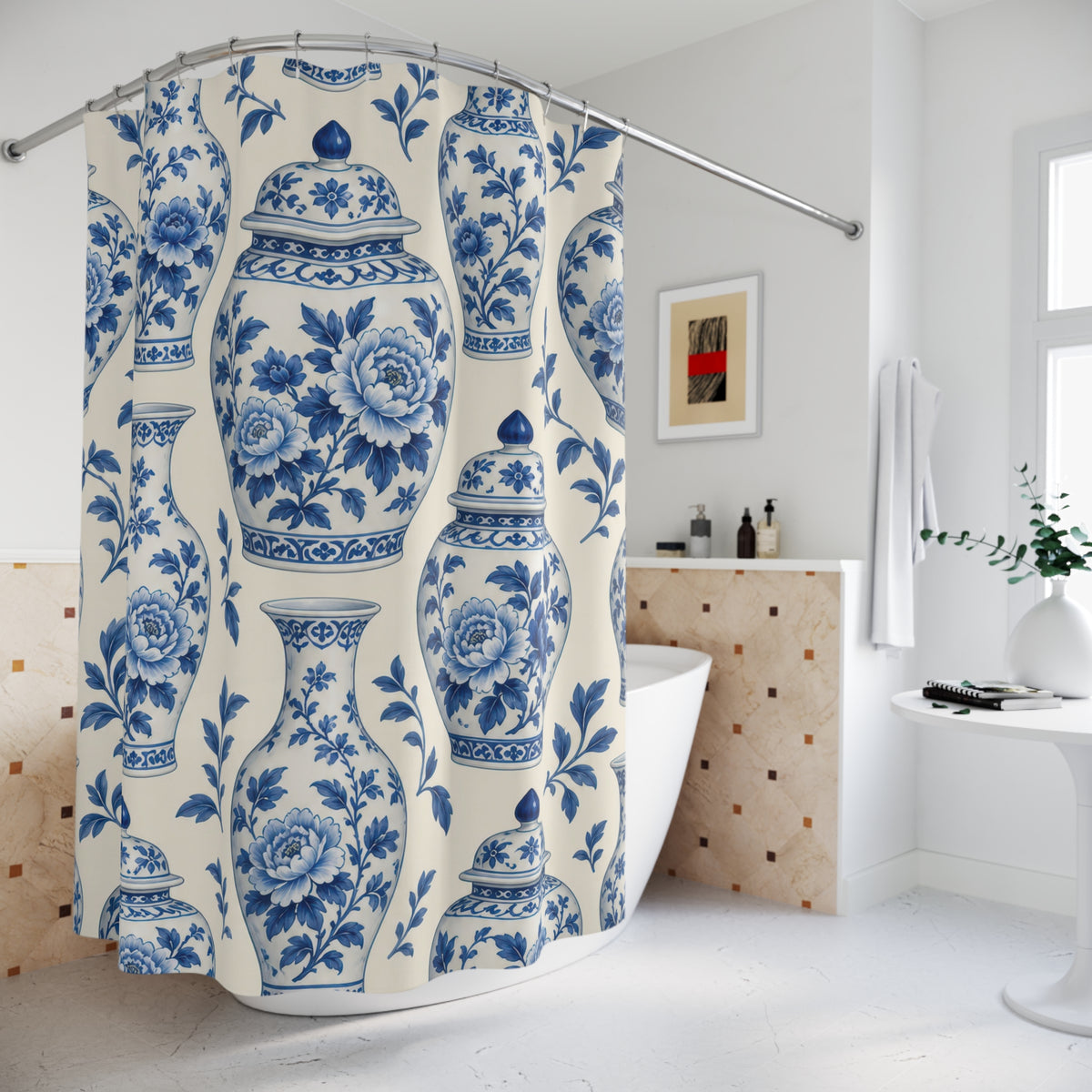 Blue and ivory Chinoiserie ginger jars shower curtain beside a freestanding tub