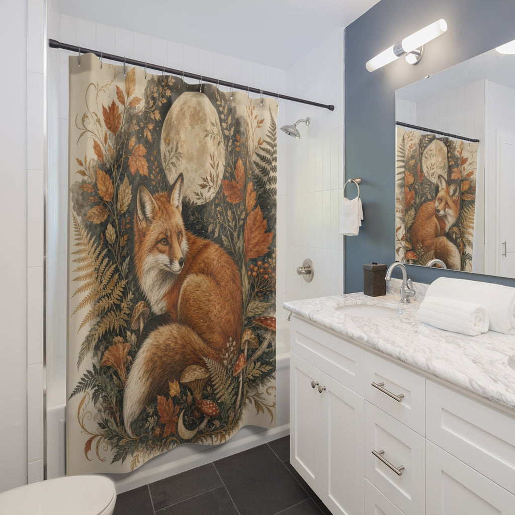 Fox Shower Curtain, Woodland Fox Bath Decor, Rust Orange Forest Botanical Pattern, Moonlit Autumn Fern Mushroom Guest Bathroom Decor