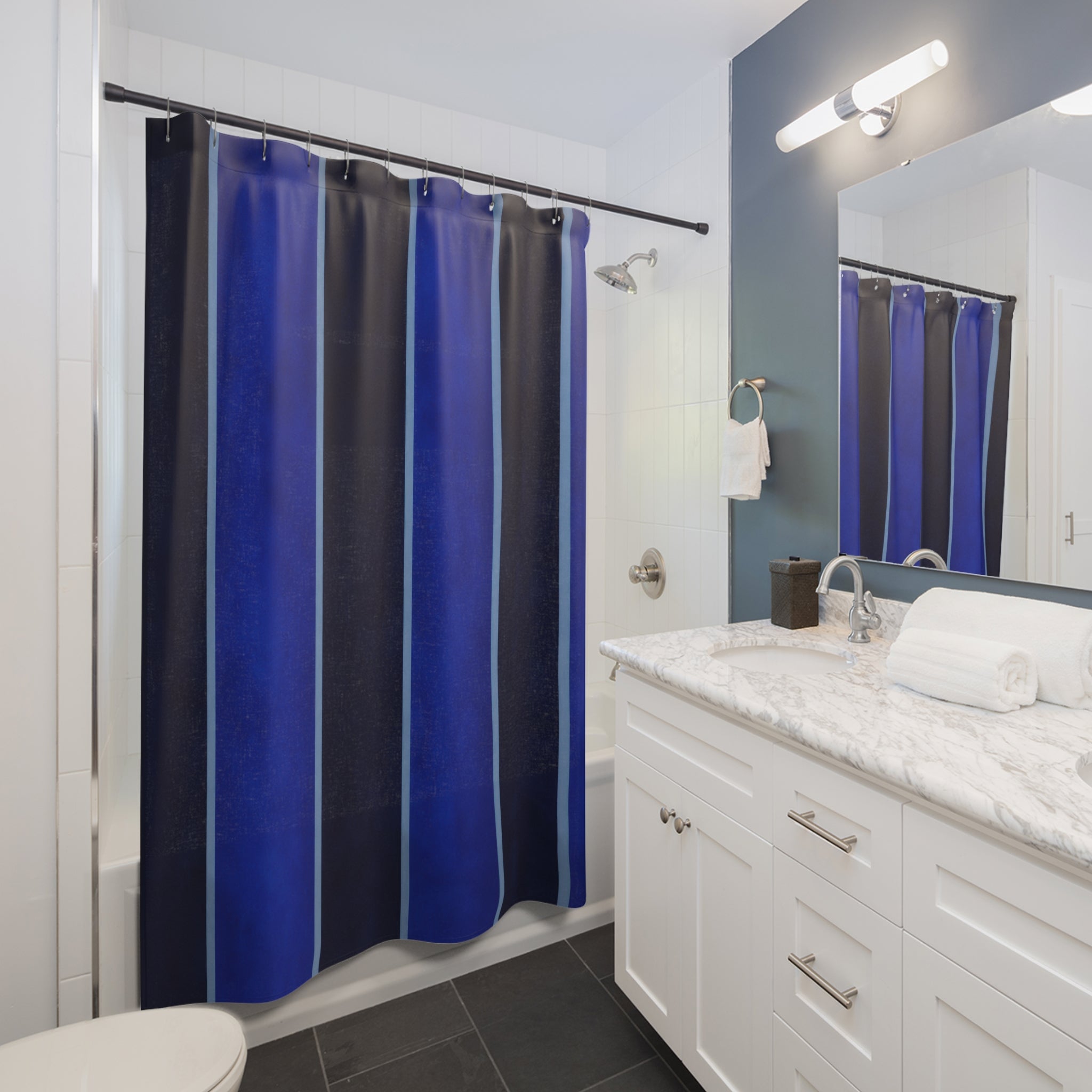 Navy Cobalt Vertical Panel Stripe Shower Curtain