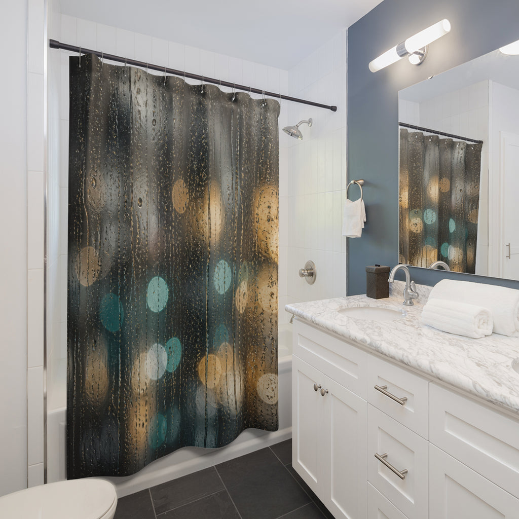 Rain Shower Curtain, Moody Window Bath Decor, Abstract Bokeh Light Pattern, Modern Guest Bathroom Decor, Dark Urban Style, Rainy Night Style