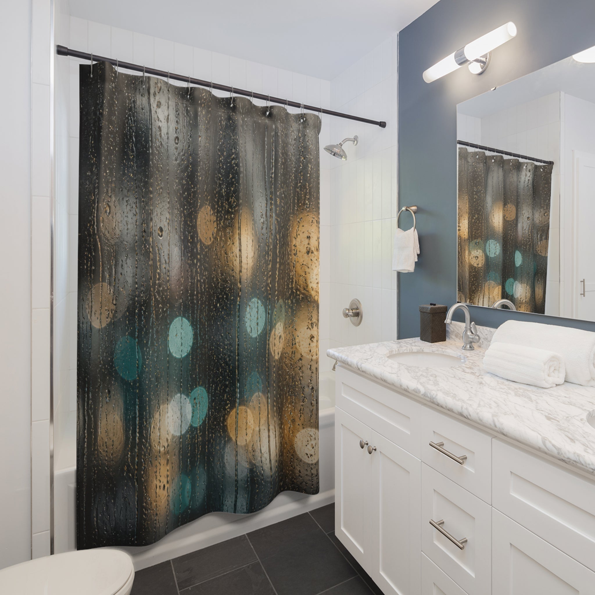 Rain Shower Curtain, Moody Window Bath Decor, Abstract Bokeh Light Pattern, Modern Guest Bathroom Decor, Dark Urban Style, Rainy Night Style