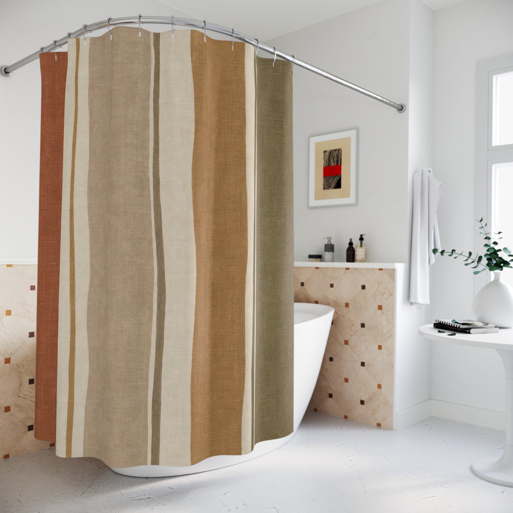 Striped Shower Curtain, Clay Olive Beige Vertical Stripe Pattern, Earth Tone Bathroom Decor, Modern Boho Guest Bath Style