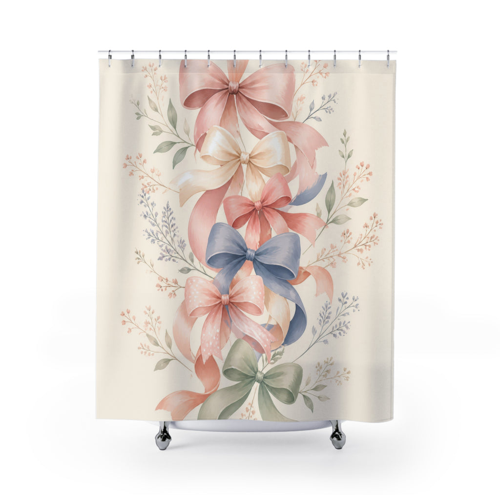 Pastel ribbon bows cascading among delicate botanical sprigs shower curtain with full front view