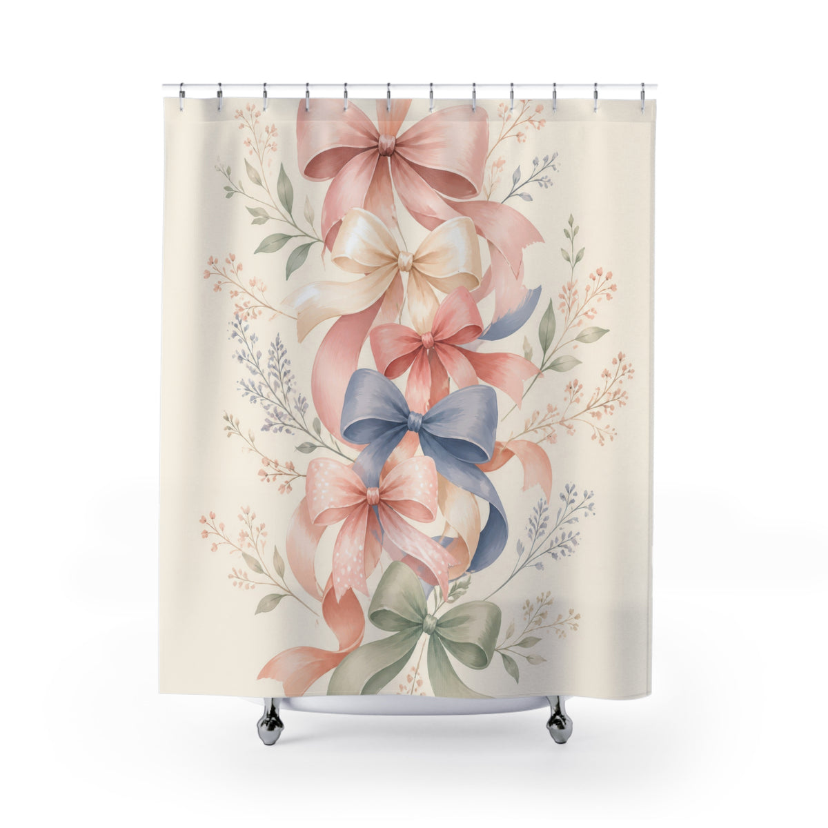 Pastel ribbon bows cascading among delicate botanical sprigs shower curtain with full front view