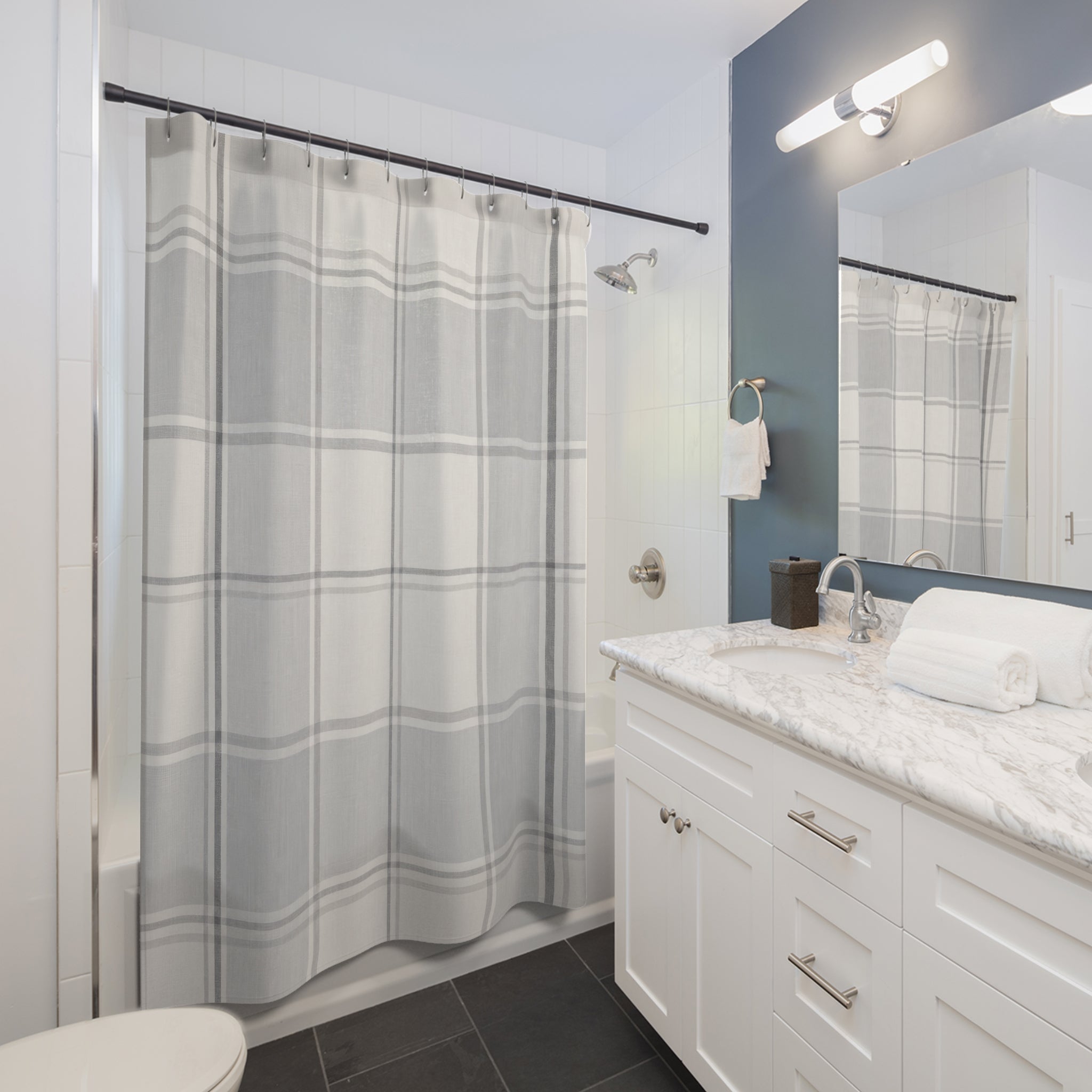 Grey White Plaid Shower Curtain