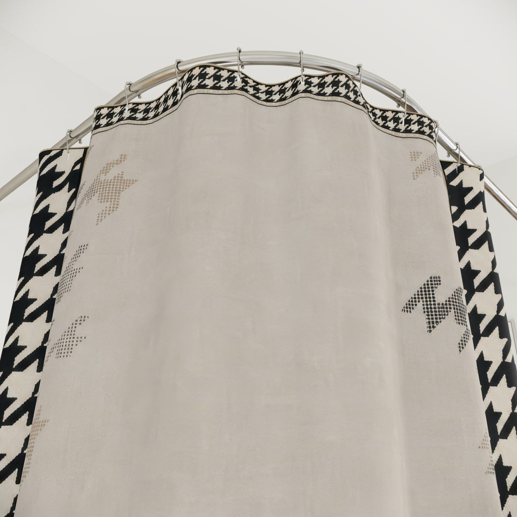 Houndstooth Border Shower Curtain, Black Ivory Check Bath Decor, Greige Center Frame Pattern, Modern Neutral Guest Bathroom Style Decor
