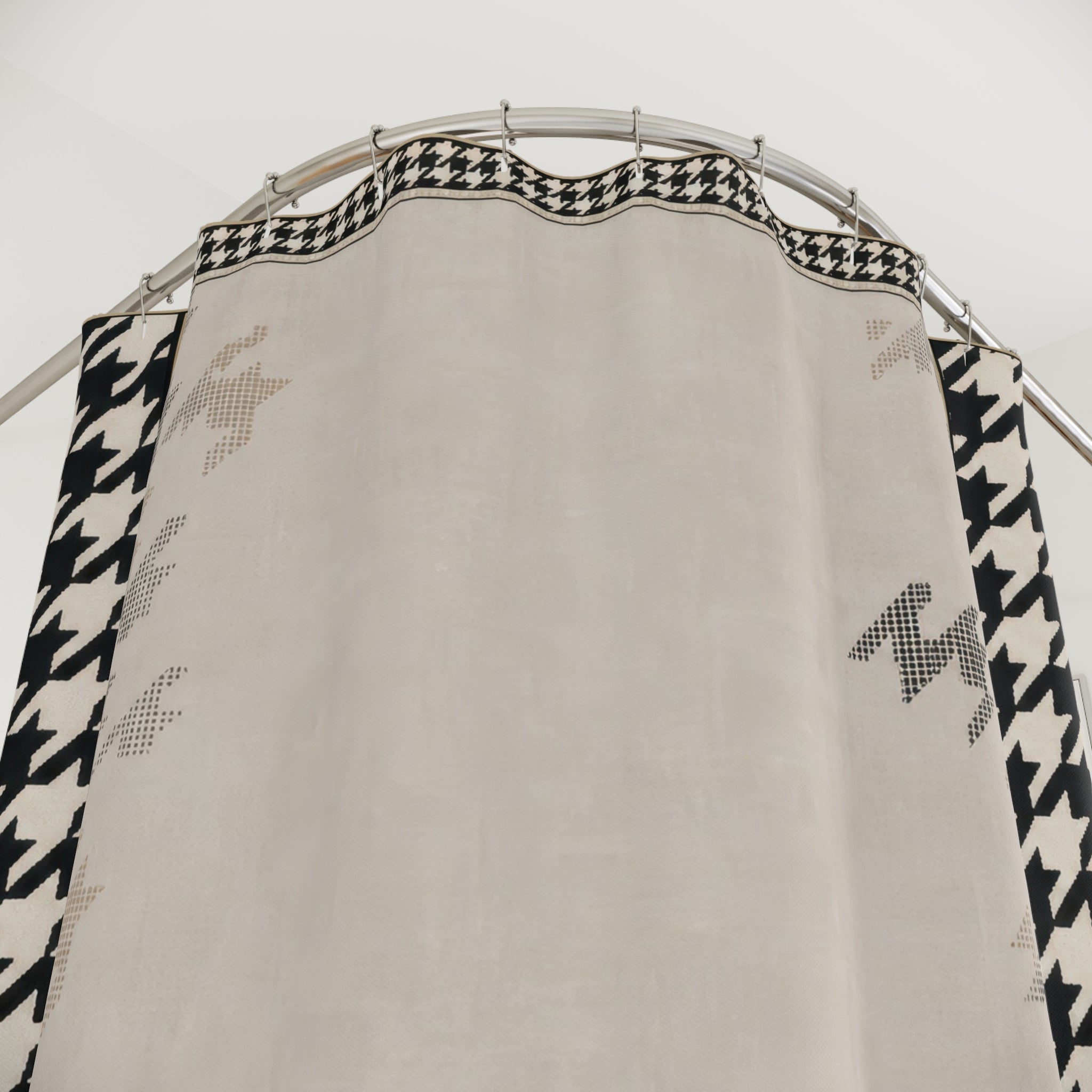 Houndstooth Border Shower Curtain, Black Ivory Check Bath Decor, Greige Center Frame Pattern, Modern Neutral Guest Bathroom Style Decor