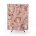Ivory and rose seashells on blush pink shower curtain with full front view
