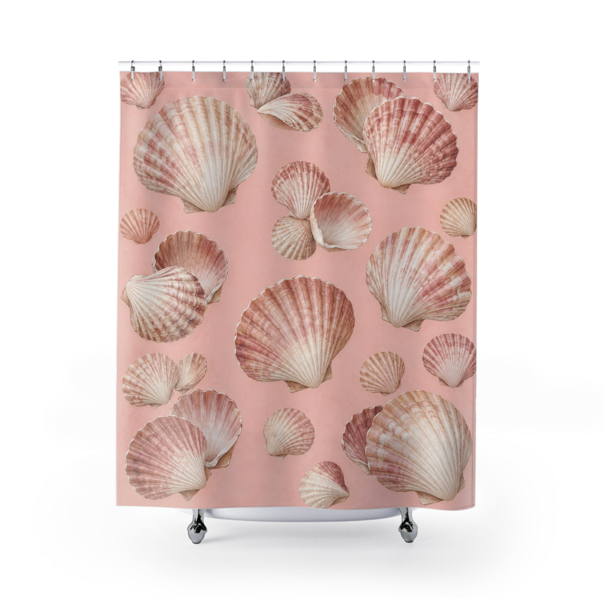 Ivory and rose seashells on blush pink shower curtain with full front view