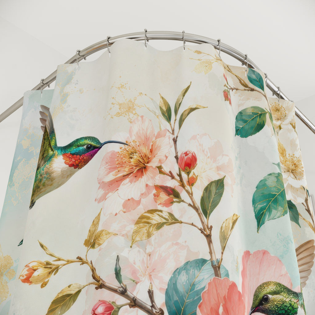 Hummingbird Shower Curtain: Aqua Floral Bird