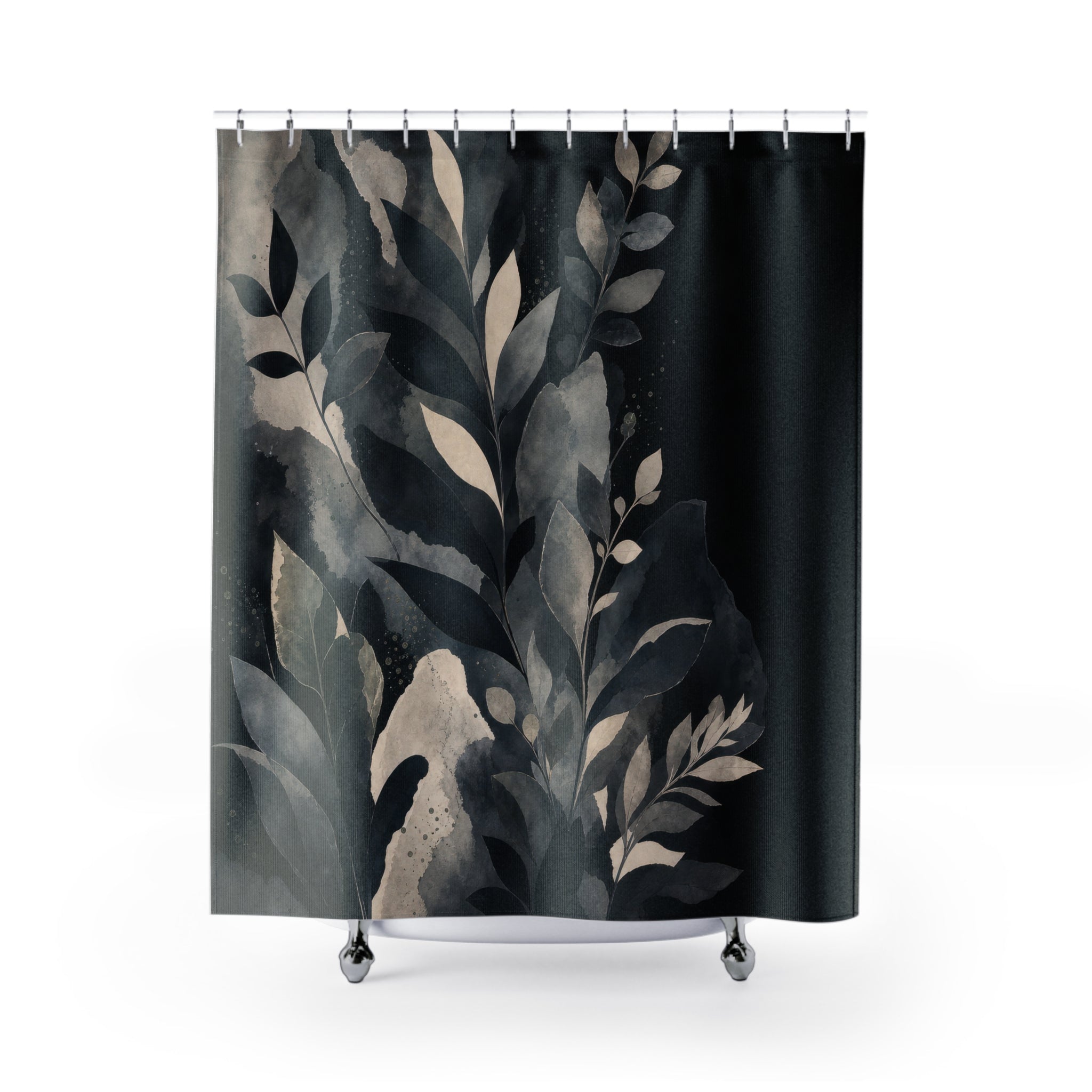 Black Botanical Shower Curtain, Blue Green Leaf Bath Decor, Cream Charcoal Branch Pattern, Moody Nature Guest Bathroom Decor Style