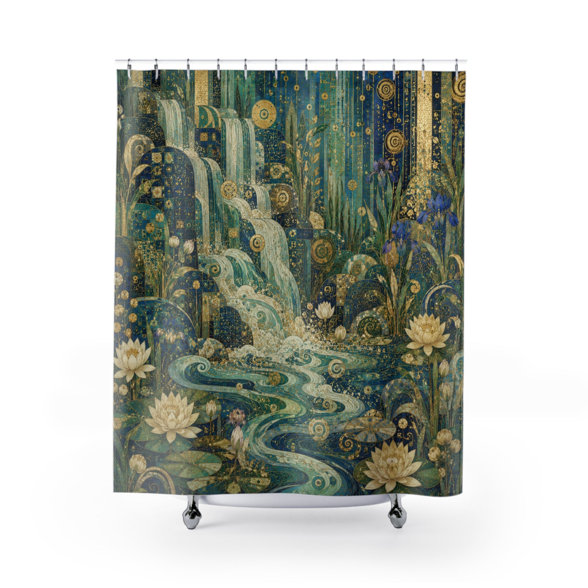 Klimt Inspired Waterfall Shower Curtain: Blue Gold Nouveau