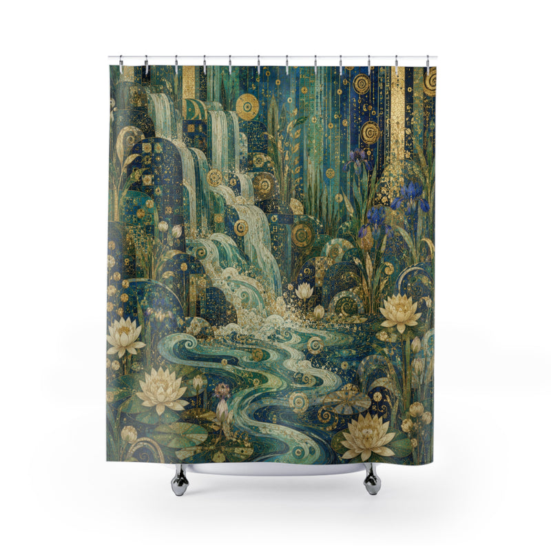 Klimt Inspired Waterfall Shower Curtain: Blue Gold Nouveau