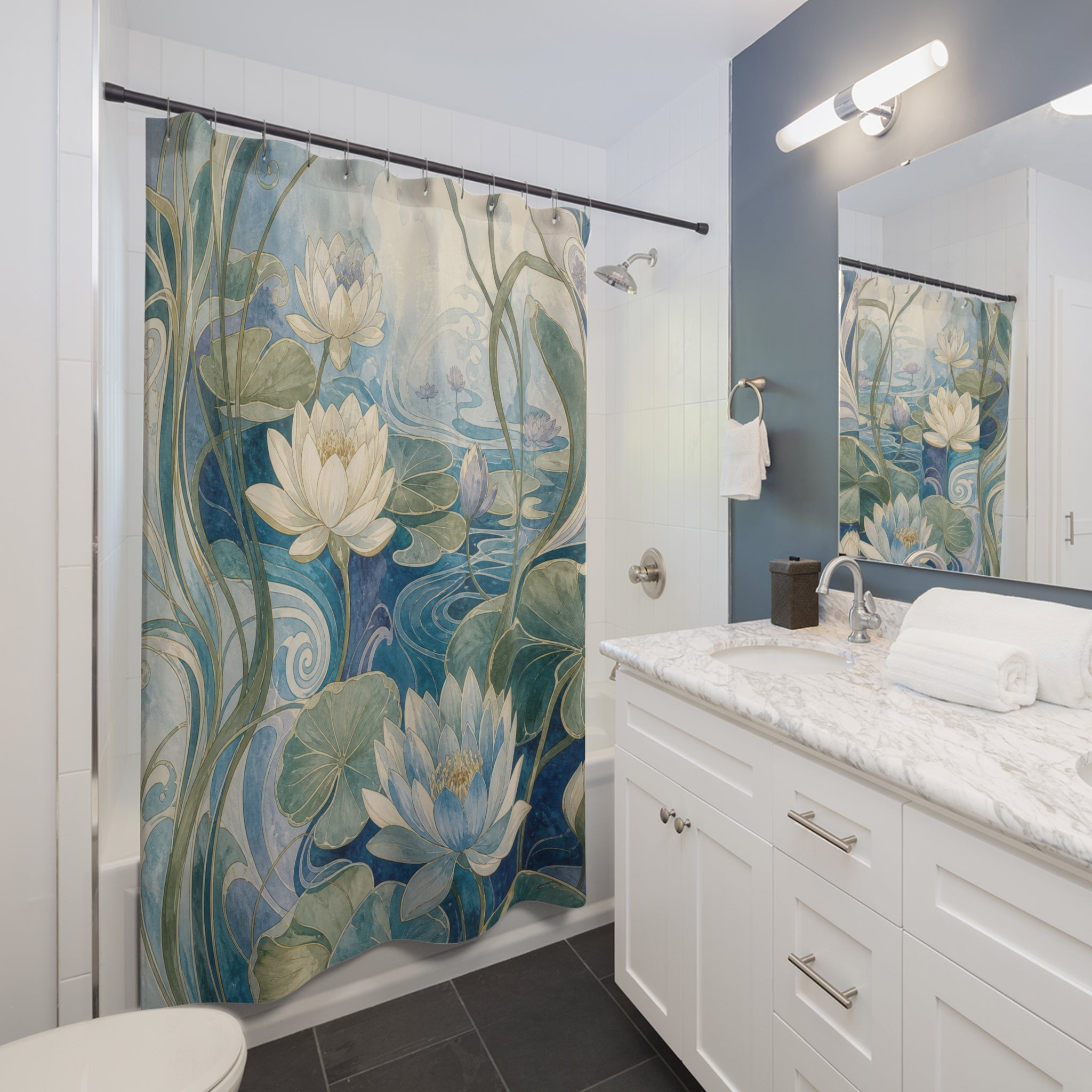 Blue Green Lily Pond Shower Curtain
