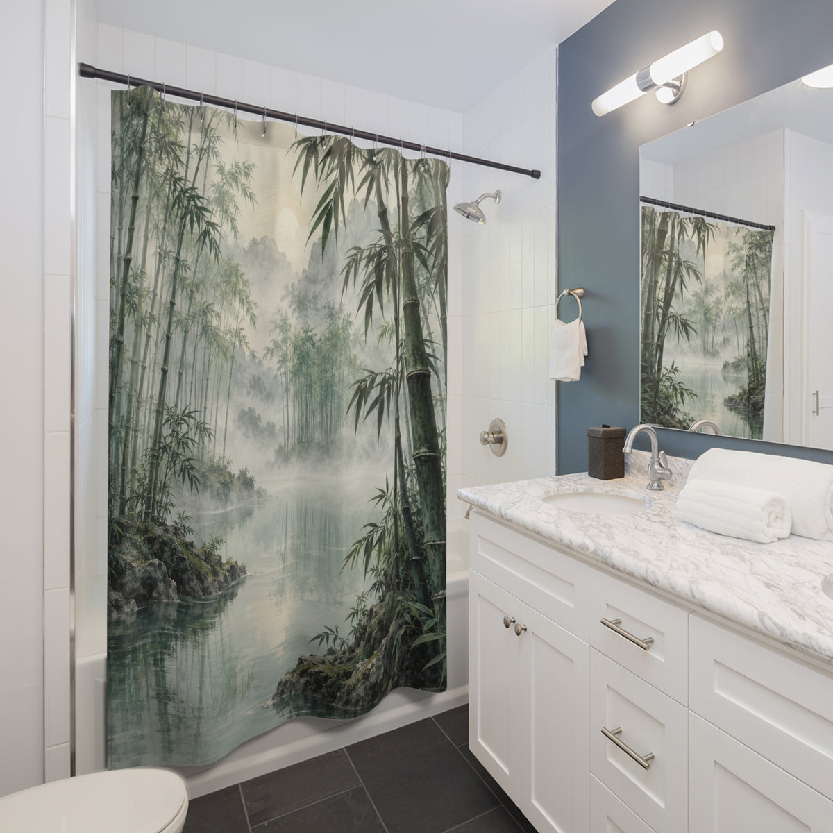 Green bamboo beside still water and pale mist shower curtain beside a white vanity