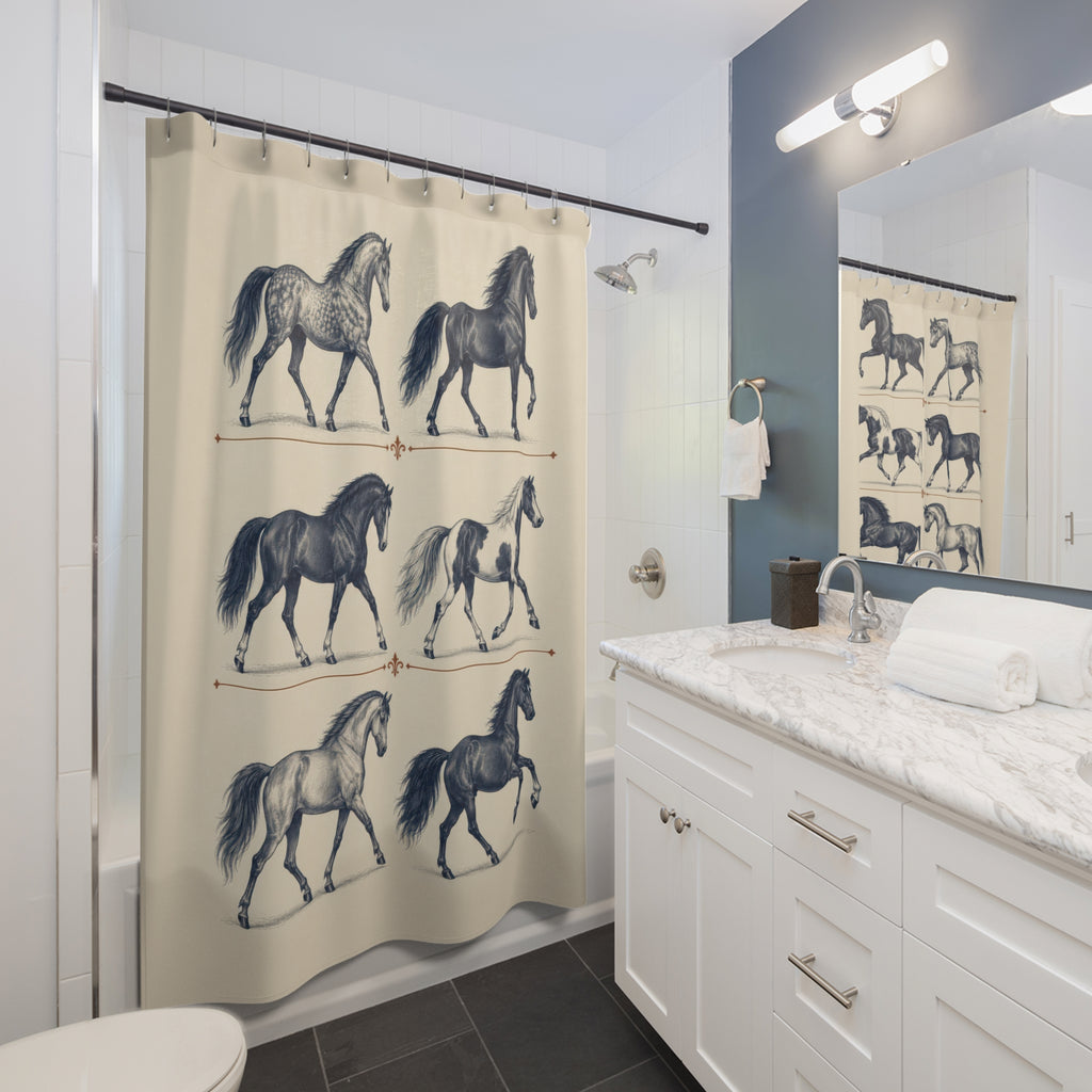 Indigo horse studies in three rows on ivory shower curtain beside a white vanity
