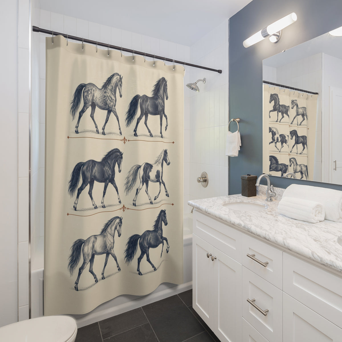Indigo horse studies in three rows on ivory shower curtain beside a white vanity
