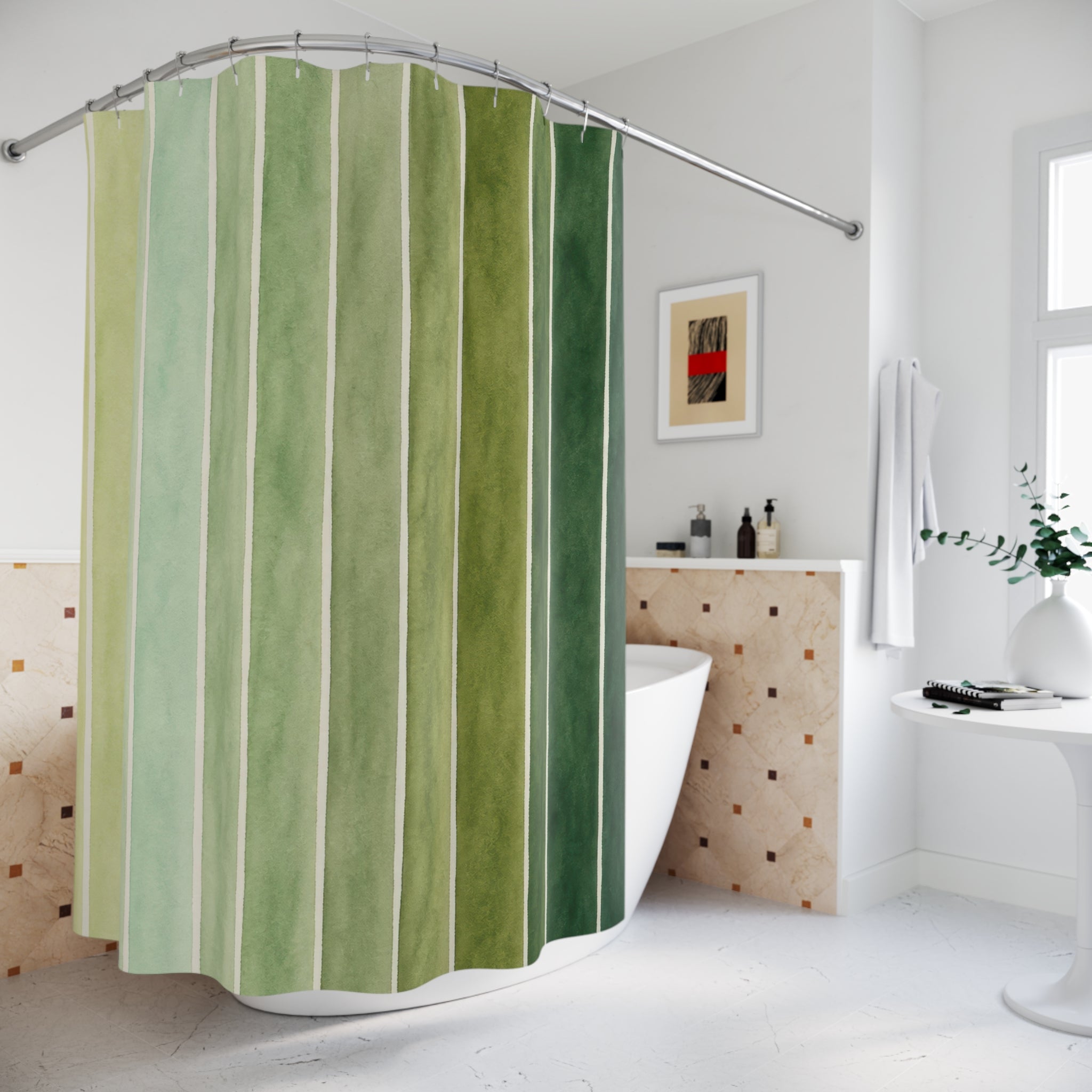 Green Ombre Watercolor Stripe Shower Curtain