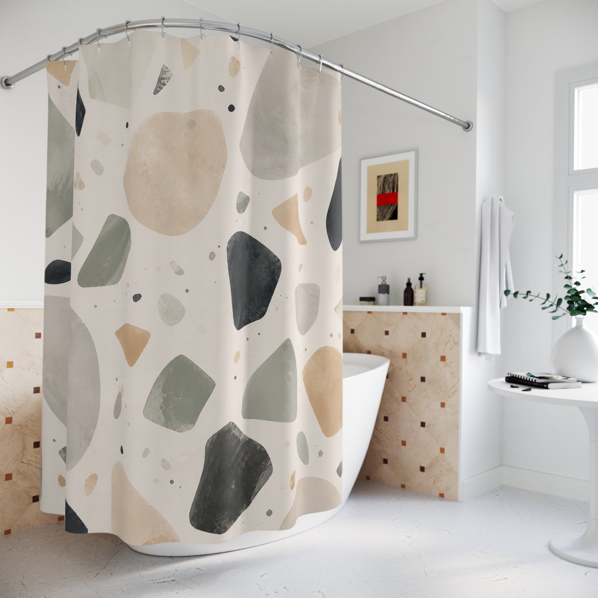 Sage Beige Black Stone Shower Curtain
