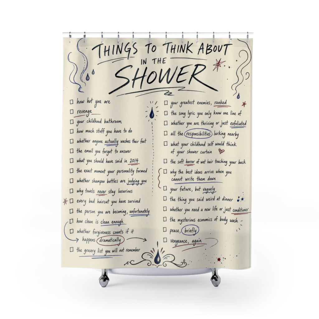 Funny Shower Curtain, Shower Thought Checklist Art, Unique Bathroom Humor Typography, Hand Drawn Cream Novelty Bath Decor, Quirky Guest Bath