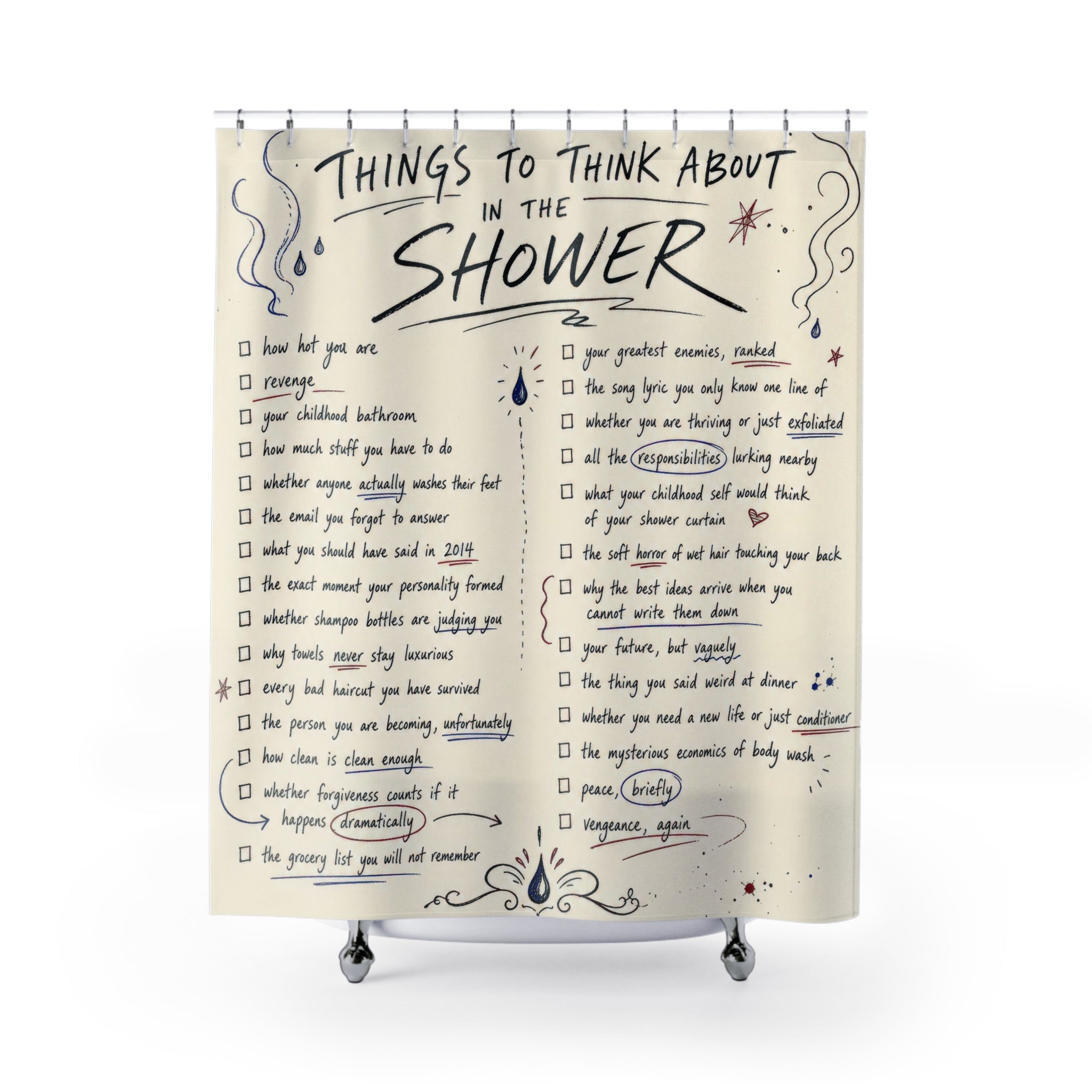 Funny Shower Curtain, Shower Thought Checklist Art, Unique Bathroom Humor Typography, Hand Drawn Cream Novelty Bath Decor, Quirky Guest Bath